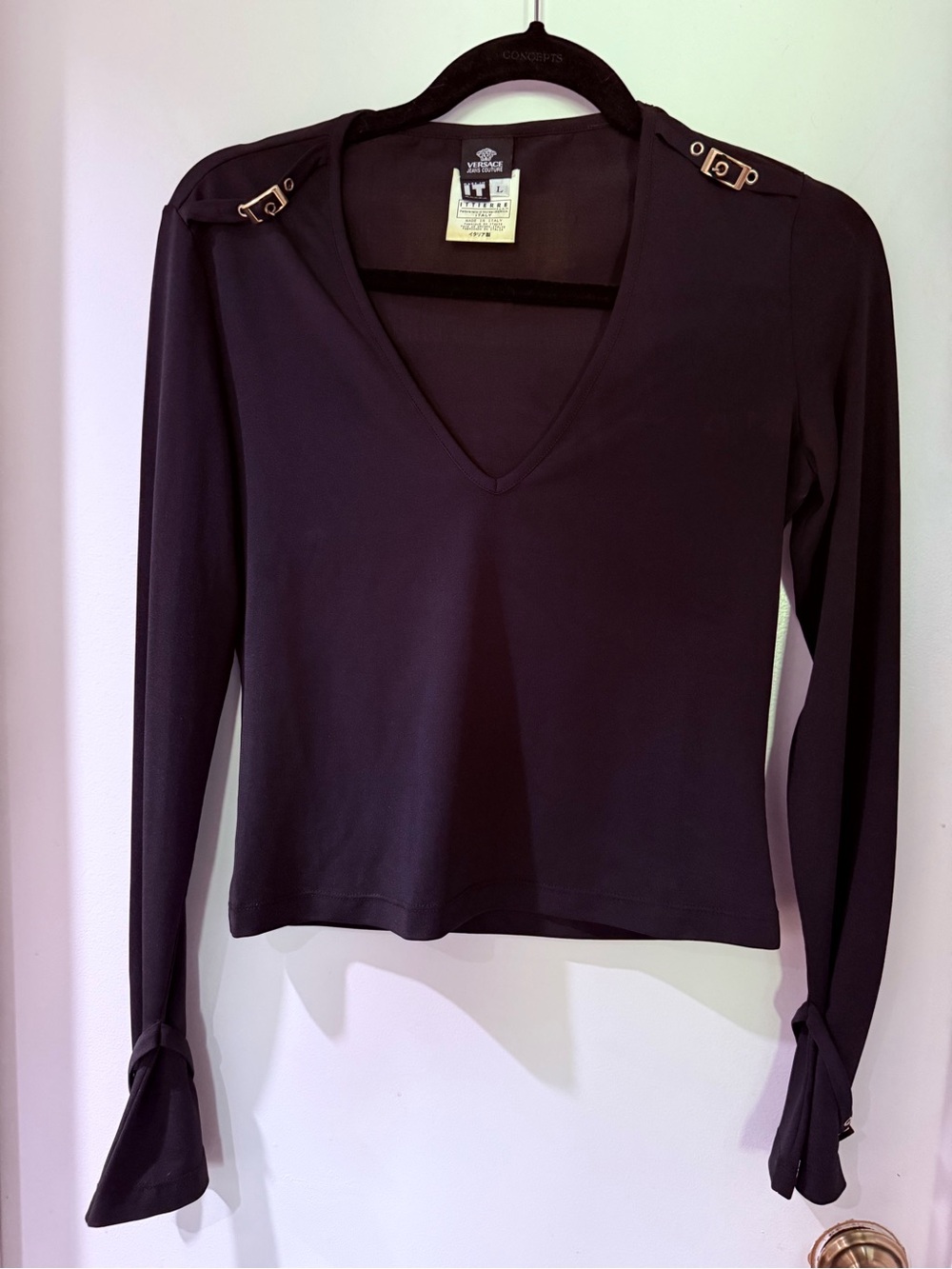 Versace Jeans Collection Black Long Sleeve V-Neck Top with Shoulder Buckles